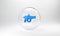 Blue Cannon icon isolated on grey background. Glass circle button. 3D render illustration
