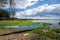 Blue canoe over tropical lake, East Africa