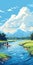 Blue Canoe Paddling Through Countryside And Mountains: A Digital Painting