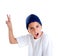 Blue cap kid boy with victory hand gesture