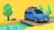 Blue car eco-family car style with object on wood bridge over stream and many tree nature,travel holiday concept 3d rendering c