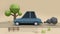 Blue car low poly cartoon style on country road with smoke soft brown background 3d rendering,fast driving concept