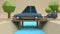 Blue car low poly cartoon style on wood bridge-country road with smoke soft brown background 3d rendering,fast driving concept
