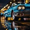 a blue car parked on a wet street at night