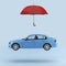 Blue car protected with red umbrella, automobile safety icon iso