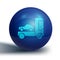 Blue Car transporter truck for transportation of car icon isolated on white background. Blue circle button. Vector