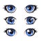 Blue Cartoon Anime Eyes Set. Vector