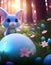 Blue Cartoon Easter Bunny With Easter Eggs In A Magical Forest - AI Generated Illustration