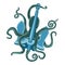 Blue cartoon octopus with suction cups and curvy arms around ocean anchor