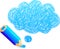 Blue cartoon pencil with doodle cloud