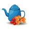 Blue cartoon teapot with branch and rose hips