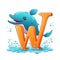Blue cartoon whale swimming near big yellow letter W, waves on white background. Creative kids alphabet