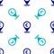 Blue Cash location pin icon isolated seamless pattern on white background. Pointer and euro symbol. Money location