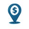 Blue Cash location pin icon isolated on transparent background. Pointer and dollar symbol. Money location. Business and