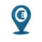 Blue Cash location pin icon isolated on transparent background. Pointer and euro symbol. Money location. Business and