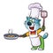 Blue cat in a chef`s hat and apron holds a frying pan with hot food and a spatula for cooking, cartoon illustration, isolated