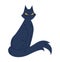 Blue cat sitting with a grumpy expression and yellow eyes. Stern feline with a sassy attitude indoors. Animal mood and