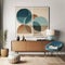 Blue chair near brown cabinet and art poster on white wall. Mid century style interior design of modern living room. Created with
