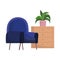 Blue chair plant on drawers furniture white background