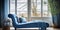 Blue chaise lounge sofa against of window. Interior design of modern living room