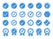 Blue check mark icons. Profile verification badge, approval seal and quality marks vector symbol set