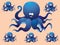 Blue cheerful cartoon octopus, with a different face.