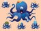 Blue cheerful cartoon octopus, with various accessories ( hat).