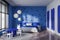 Blue child bedroom interior with bed and table