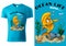 Blue Child T-shirt Design with Cartoon Golden Fish