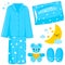 Blue children pajamas and sleep time objects. Child bed time collection. Vector illustration