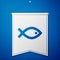 Blue Christian fish symbol icon isolated on blue background. Jesus fish symbol. White pennant template. Vector