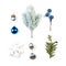 Blue Christmas decor isolated on white. Composition made blue berries, snowflake, baubles and green fir branch on white background