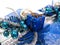 Blue Christmas decoration, box with handbell and balls