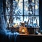 Blue Christmas decorations in a wicker basket, and candles on the window. AI Generated Christmas background, square image,