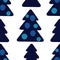 Blue Christmass tree with pompom bobble bowls, vector seamless pattern. Big and small trees on white background