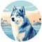 Blue Circular Art Of Husky Dog In Tropical Landscape Style