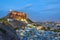 Blue city and Mehrangarh fort on the hill at night in Jodhpur