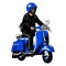 blue classic Vespa rider front side view
