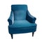 Blue classical vintage style armchair with upholstery geometric texture isolated on white background. Soft velour fabric