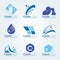 Blue Clean logo with Cleaning gloves, water droplets , scrub brush and broom vector set design
