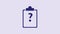 Blue Clipboard with question marks icon isolated on purple background. Survey, quiz, investigation, customer support