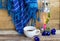 Blue cloth ,hot coffee ,blue flowers butterfly pea and lamplight of lifestyle woman relax in winter