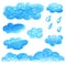 Blue cloud hand-drawn oil pastel illustration. Children drawing sky cloud with rain drop. Textured bubble icon set