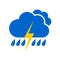 Blue cloud with raindrops and yellow lightning. Stormy rainy weather forecast icon with downpour and thunderstorm