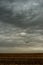 Blue clouds slowly float across the sky, over the newly plowed field, early spring morning