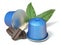 Blue coffee capsules with coffee beans and leaves 3D