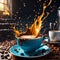 From a blue coffee cup on a saucer there is a splash of fresh coffee