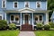 blue colonial home with a welcoming wooden central front door