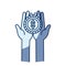 Blue color silhouette shading of front view hands holding in palms a coin with dollar symbol