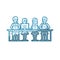 Blue color silhouette shading of teamwork of women and men sitting in desk with tech devices